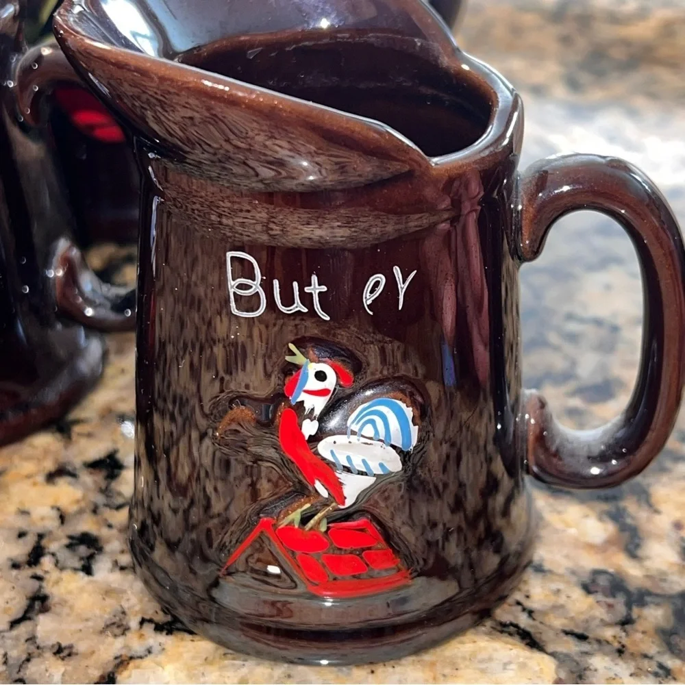 Vintage Rooster Breakfast Batter Set. Redware Pottery-4 Piece Set